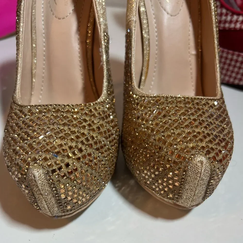🛍️ Gold rhinestone glitter platform slip on stiletto high heel pumps size 7.5